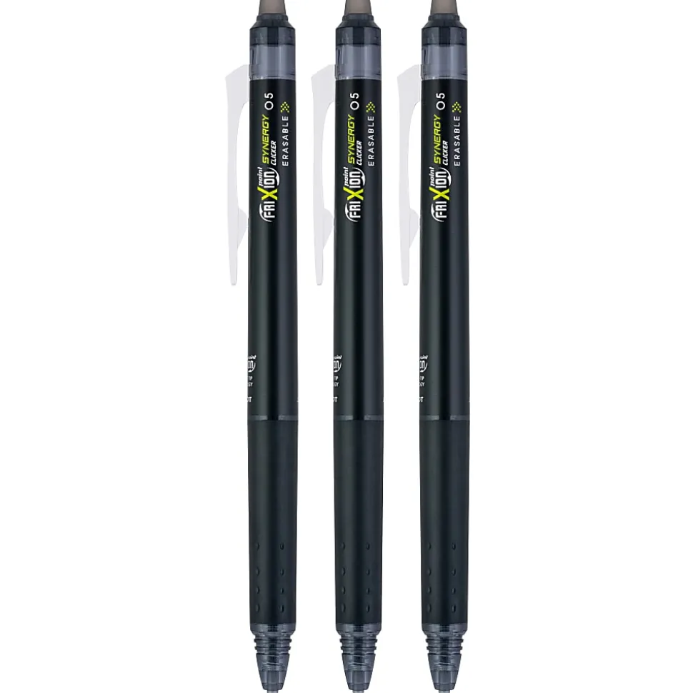 Pilot® FriXion® Synergy Clicker Erasable Retractable Gel Pens, Pack of 3, Extra-Fine Point, 0.5 mm, Black Barrel, Black Ink