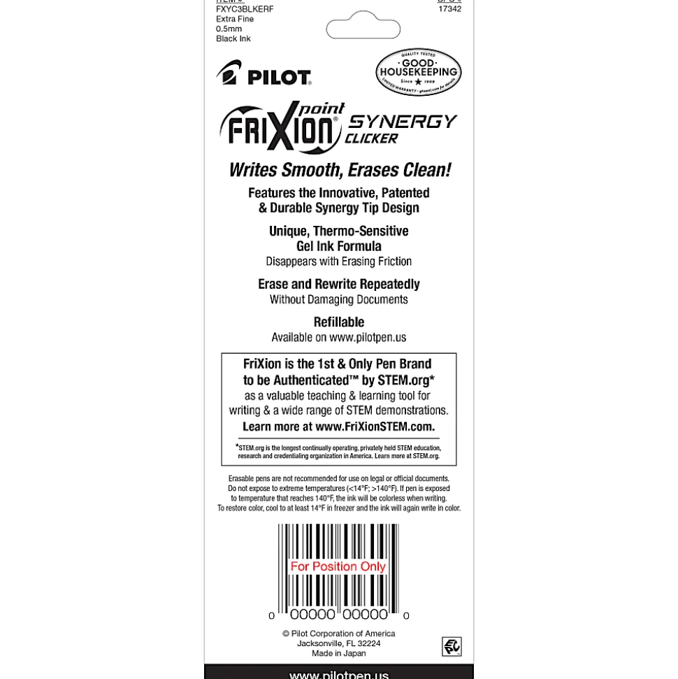 Pilot® FriXion® Synergy Clicker Erasable Retractable Gel Pens, Pack of 3, Extra-Fine Point, 0.5 mm, Black Barrel, Black Ink