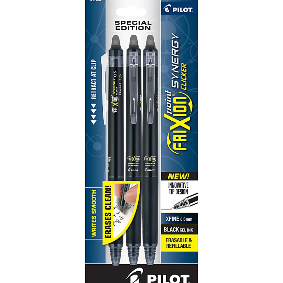 Pilot® FriXion® Synergy Clicker Erasable Retractable Gel Pens, Pack of 3, Extra-Fine Point, 0.5 mm, Black Barrel, Black Ink