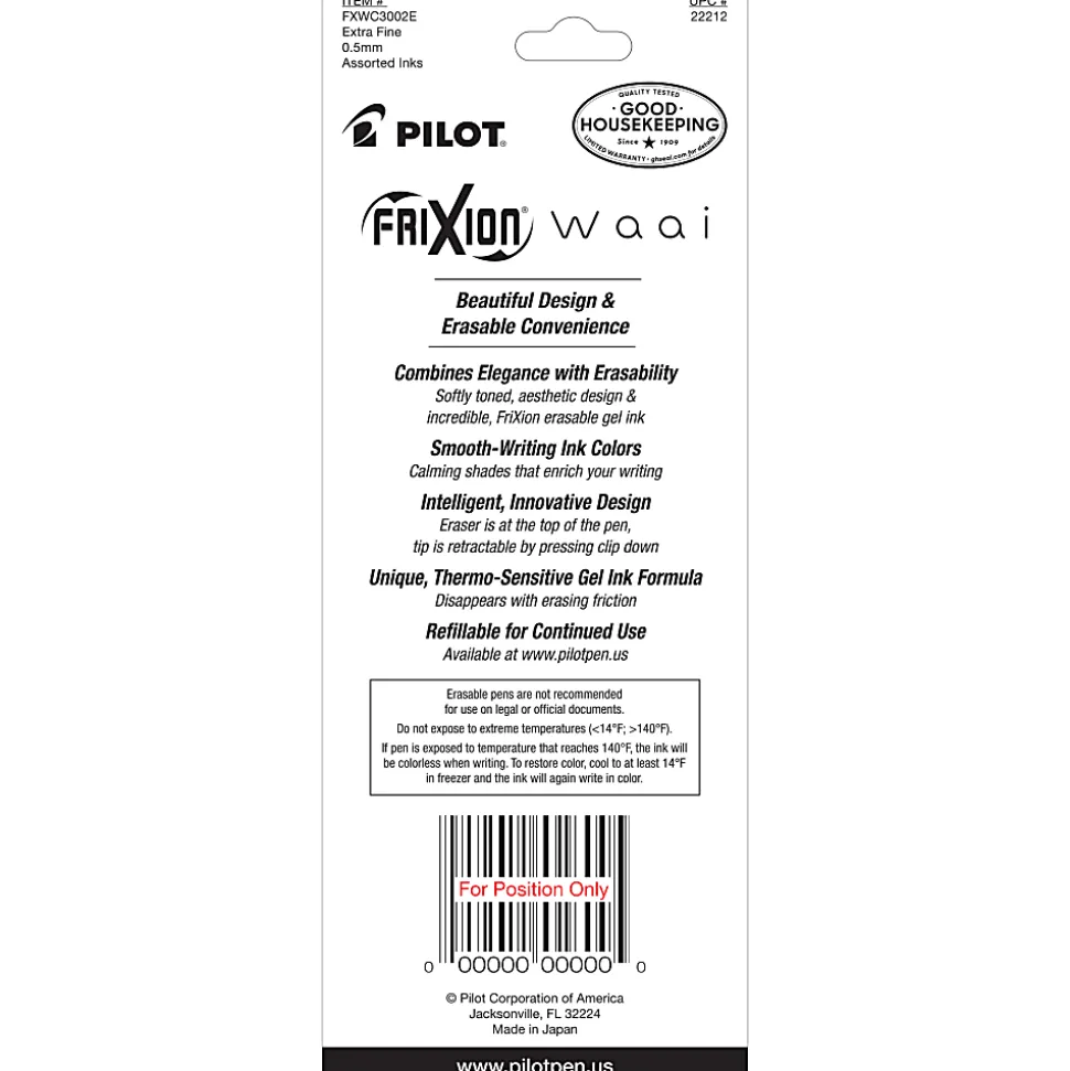 Pilot FriXion Waai Retractable Erasable Gel Ink Pens, Extra Fine Point, 0.5mm, Beige Barrels, Assorted Inks, Pack of 3 Pens, 22212