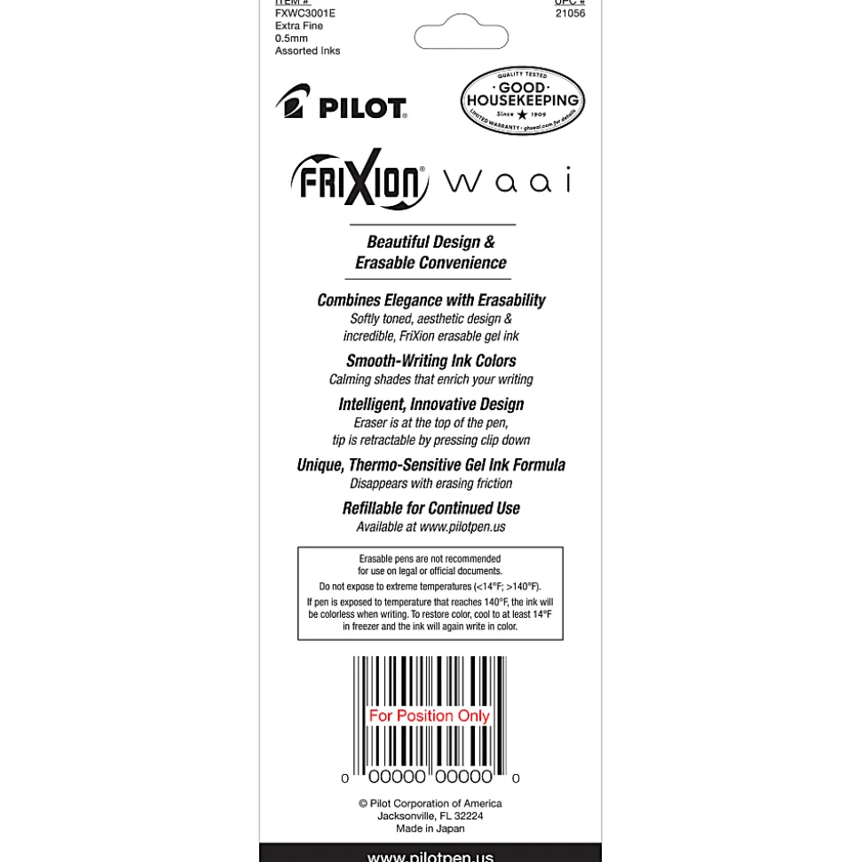 Pilot FriXion Waai Retractable Erasable Gel Ink Pens, Extra Fine Point, 0.5mm, Beige Barrels, Assorted Inks, Pack of 3 Pens, 21056