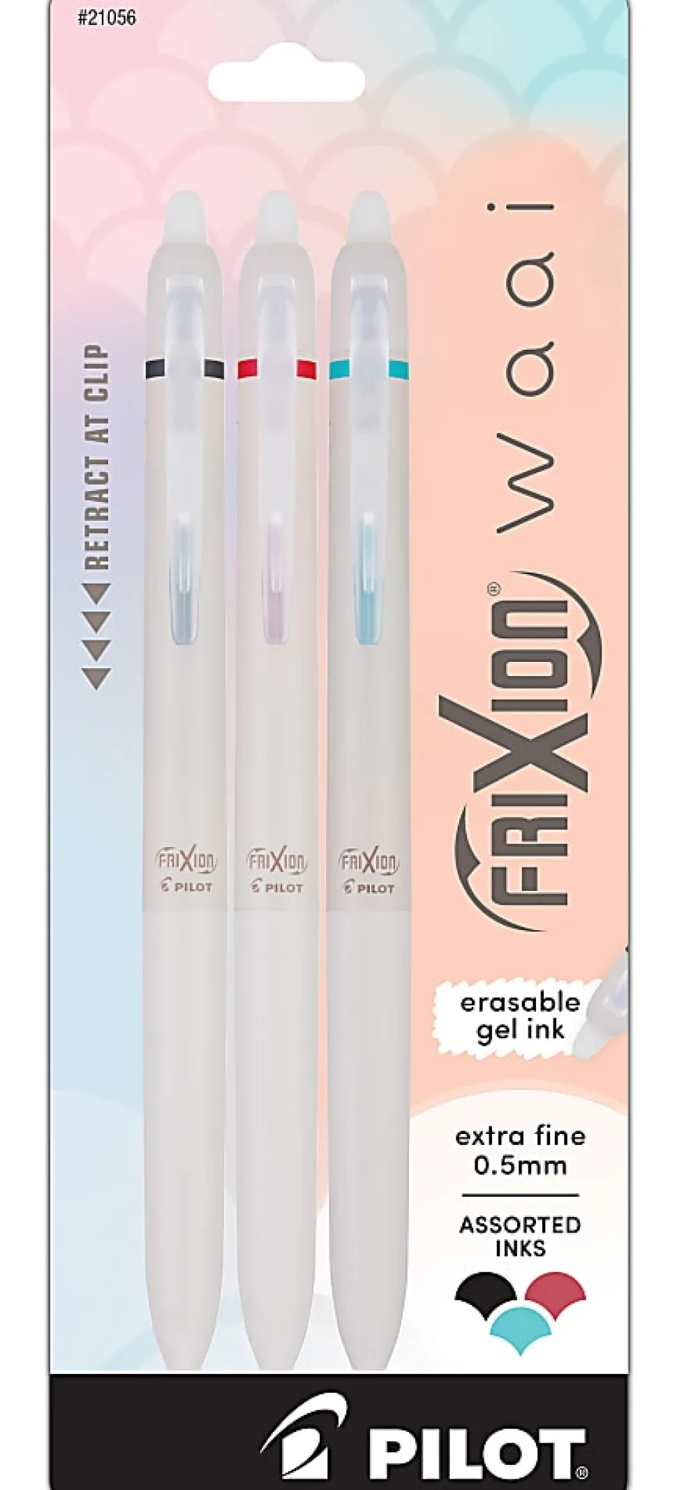 Pilot FriXion Waai Retractable Erasable Gel Ink Pens, Extra Fine Point, 0.5mm, Beige Barrels, Assorted Inks, Pack of 3 Pens, 21056