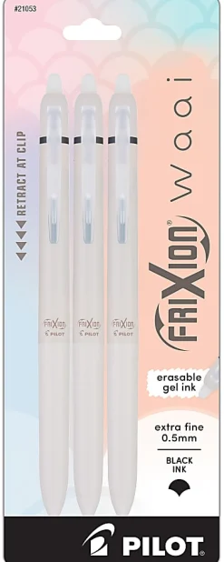 Pilot FriXion Waai Retractable Erasable Gel Ink Pens, Extra Fine Point, 0.5mm, Beige Barrels, Black Ink, Pack of 3 Pens