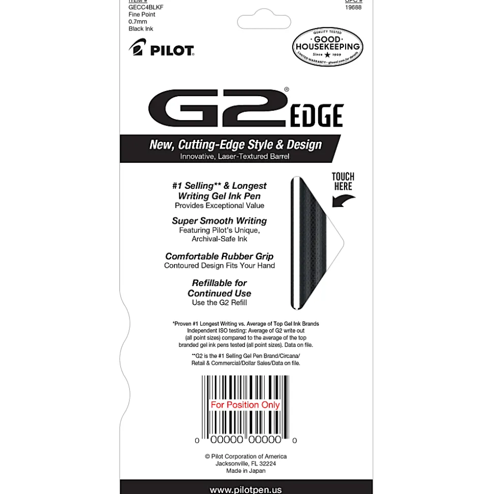 Pilot G2 Edge Gel Pens, Fine Point, 0.7 mm, Black Barrel, Black Ink, Pack Of 4 Pens