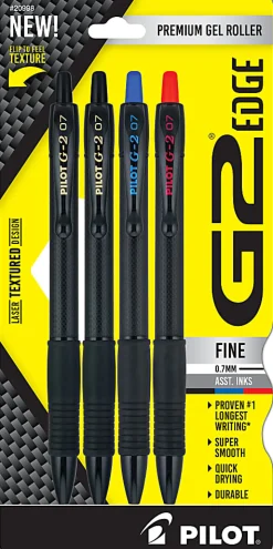Pilot G2 Edge Gel Pens, Fine Point, 0.7mm, Black Barrel, Assorted Inks, Pack of 4 Pens