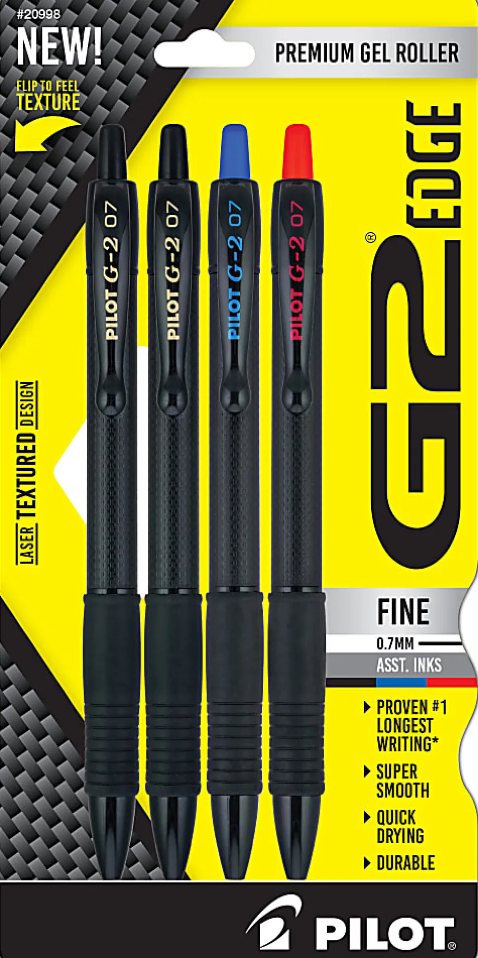 Pilot G2 Edge Gel Pens, Fine Point, 0.7mm, Black Barrel, Assorted Inks, Pack of 4 Pens