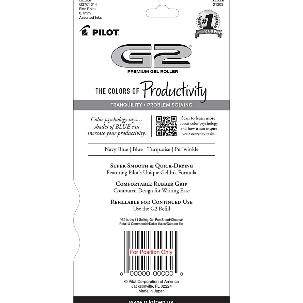 Pilot G2 Gel Pen, Fine Point, 0.7mm, Transparent barrel, Assorted blue inks, Pack of 4 pens