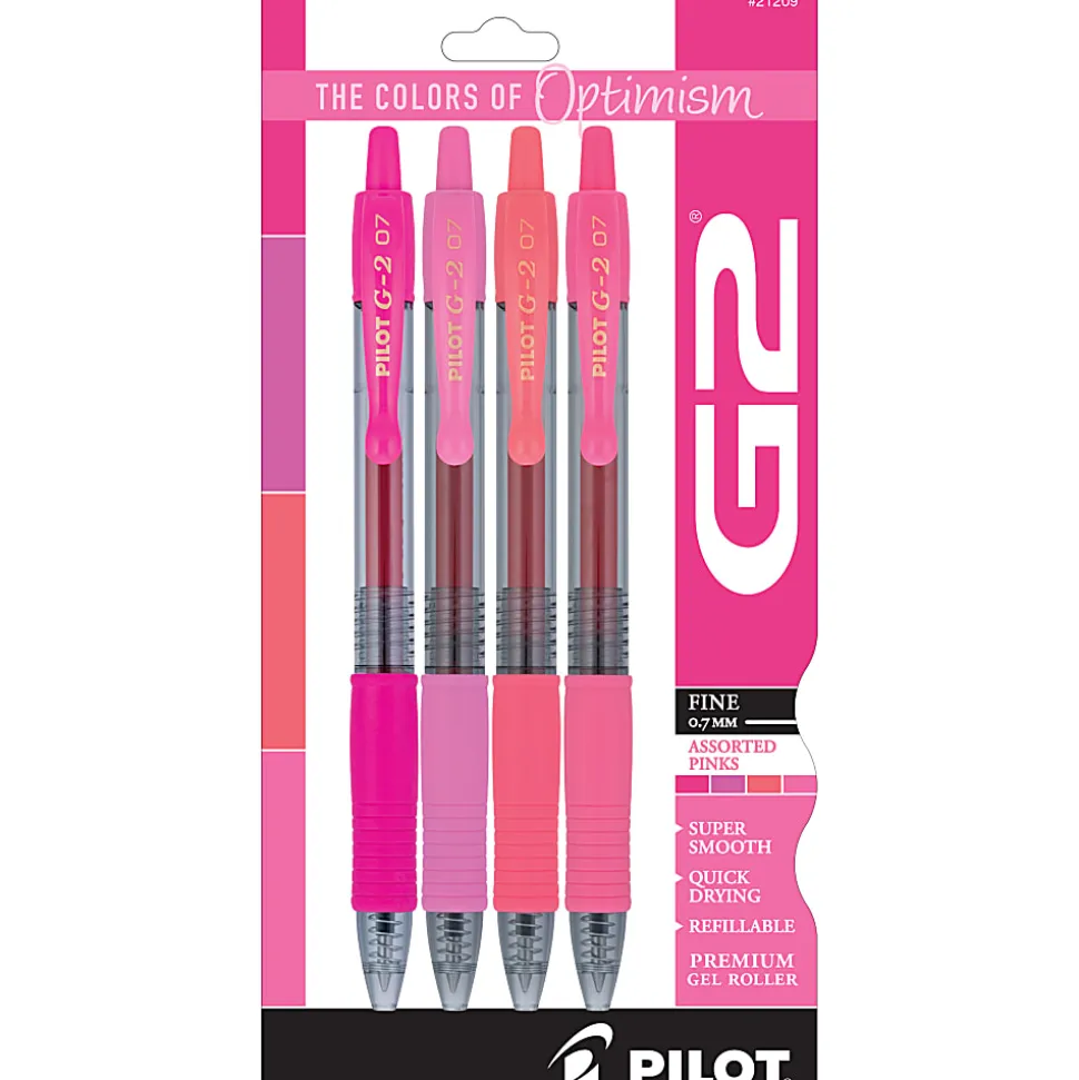 Pilot G2 Gel Pen, Fine Point, 0.7mm, Transparent barrel, Assorted pink inks, Pack of 4 pens
