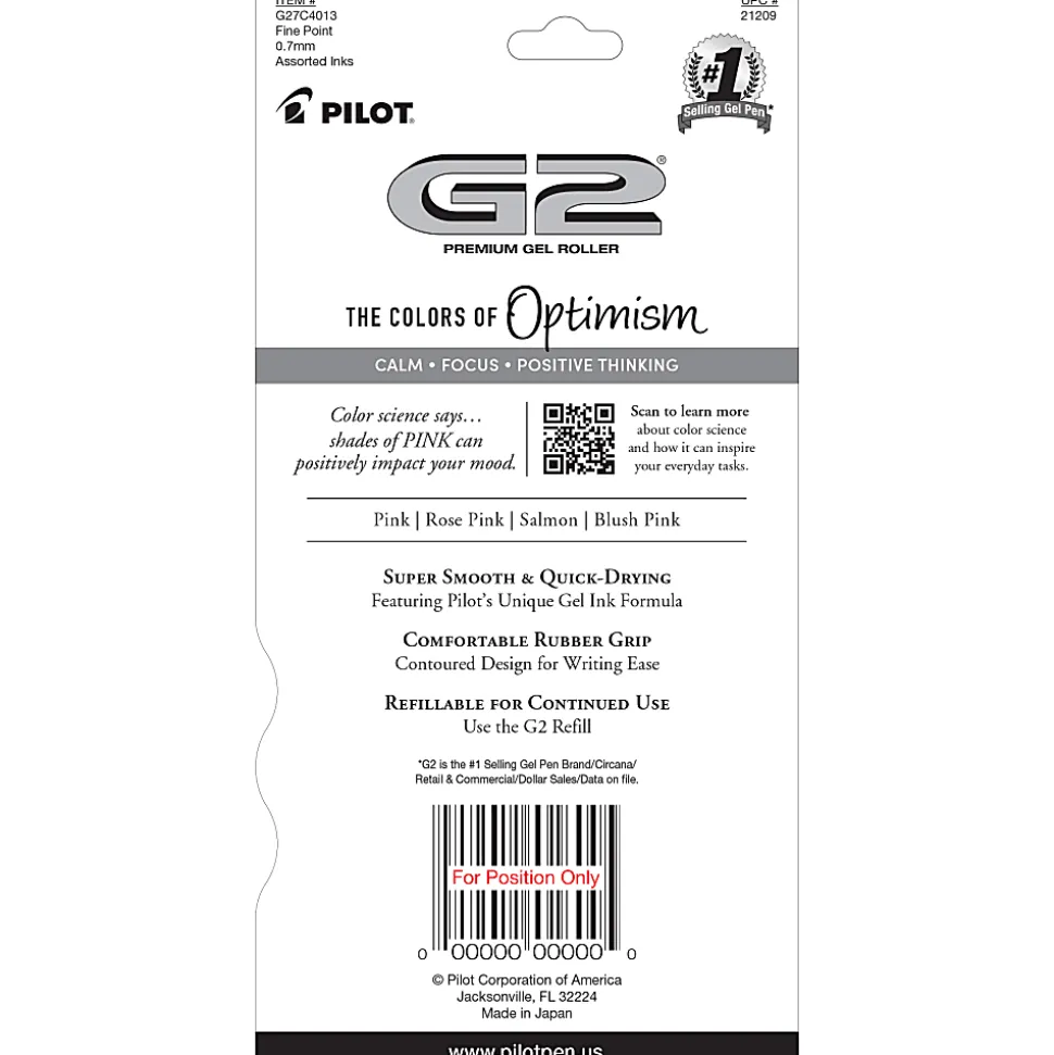 Pilot G2 Gel Pen, Fine Point, 0.7mm, Transparent barrel, Assorted pink inks, Pack of 4 pens