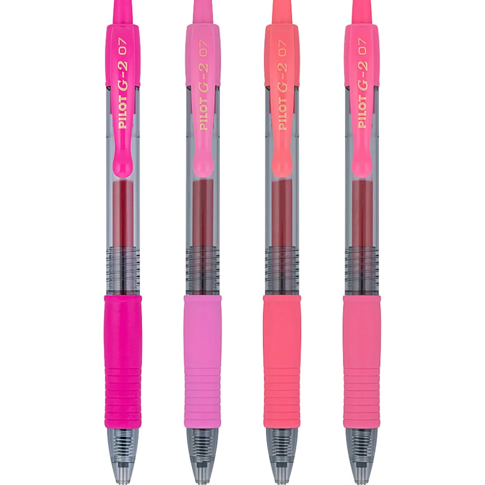 Pilot G2 Gel Pen, Fine Point, 0.7mm, Transparent barrel, Assorted pink inks, Pack of 4 pens