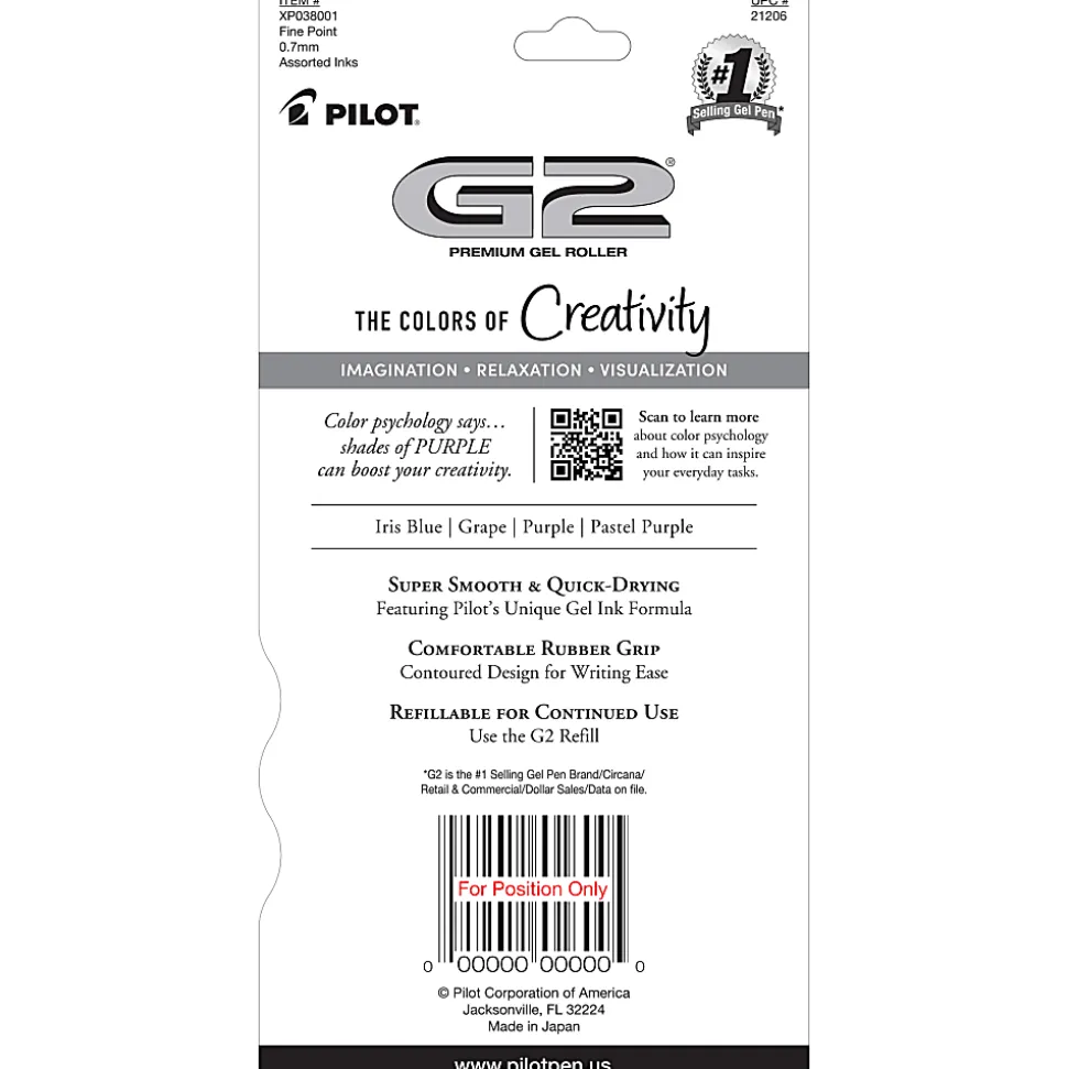 Pilot G2 Gel Pen, Fine Point, 0.7mm, Transparent barrel, Assorted purple inks, Pack of 4 pens