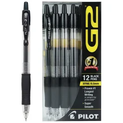 Pilot G2 Gel Roller Pens, Extra-Fine Point, 0.5 mm, Clear Barrel, Black Ink, Pack Of 12