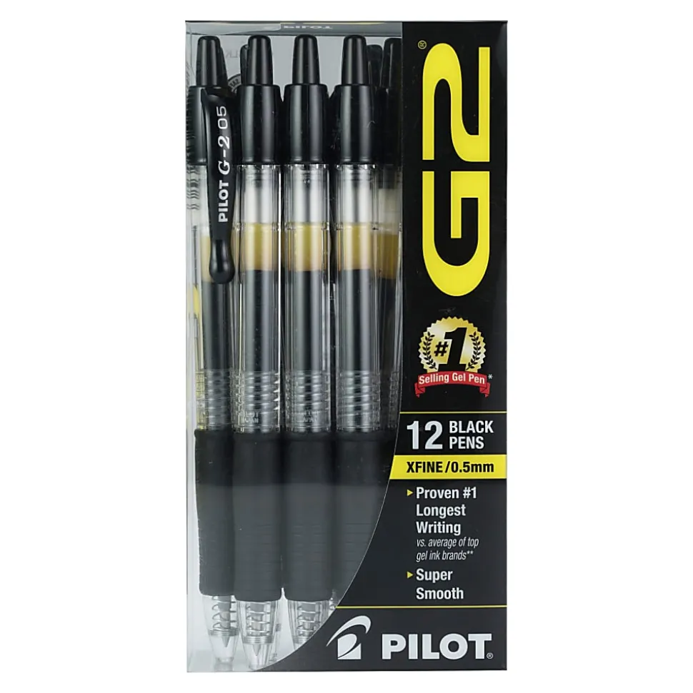 Pilot G2 Gel Roller Pens, Extra-Fine Point, 0.5 mm, Clear Barrel, Black Ink, Pack Of 12