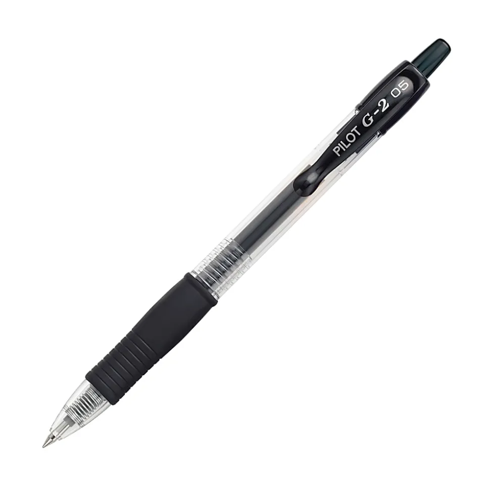 Pilot G2 Gel Roller Pens, Extra-Fine Point, 0.5 mm, Clear Barrel, Black Ink, Pack Of 12