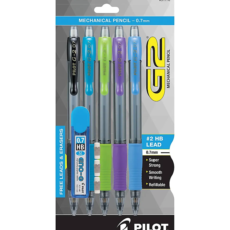 Pilot® G-2® Mechanical Pencil, 0.7mm, #2 Lead, Assorted Barrel Colors, Pack Of 5