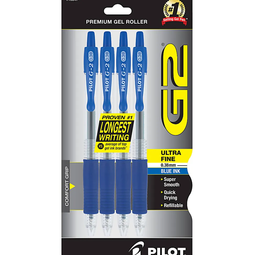 Pilot G2 Premium Gel Roller Pens, Ultra-Fine Point, 0.38 mm, Clear Barrels, Blue Ink, Pack Of 4 Pens