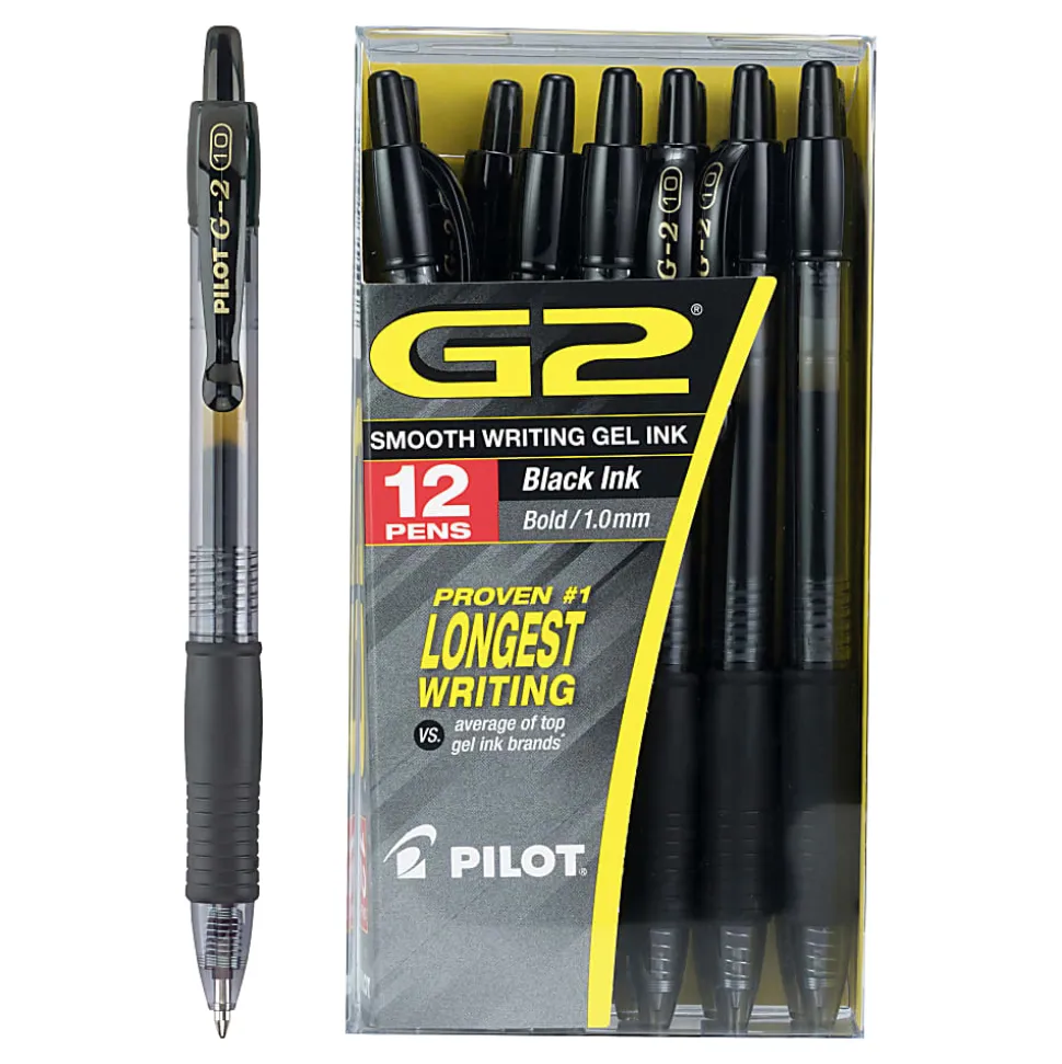 Pilot G2 Premium Gel Roller Pen, Bold Point, 1.0 mm, Black Barrel, Black Ink, Pack Of 12
