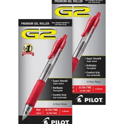 Pilot G2 Premium Gel Roller Retractable Pens, Ultra Fine Point, 0.38 mm, Clear Barrels, Red Ink, Pack Of 12 Pens