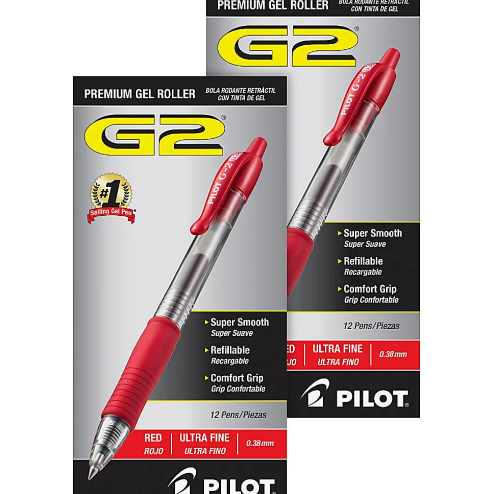 Pilot G2 Premium Gel Roller Retractable Pens, Ultra Fine Point, 0.38 mm, Clear Barrels, Red Ink, Pack Of 12 Pens