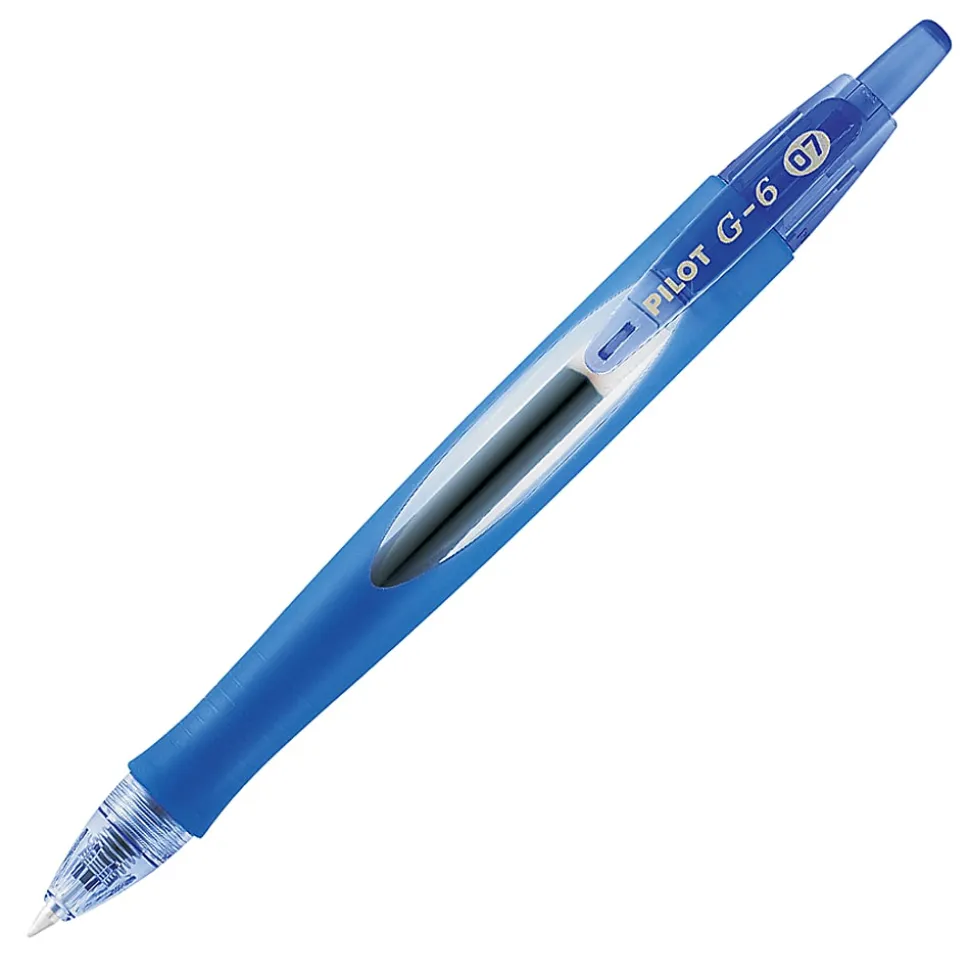 Pilot® G-6 Retractable Gel Ink Rollerball Pens, Fine Point, 0.7 mm, Blue Barrel, Blue Ink, Pack Of 12