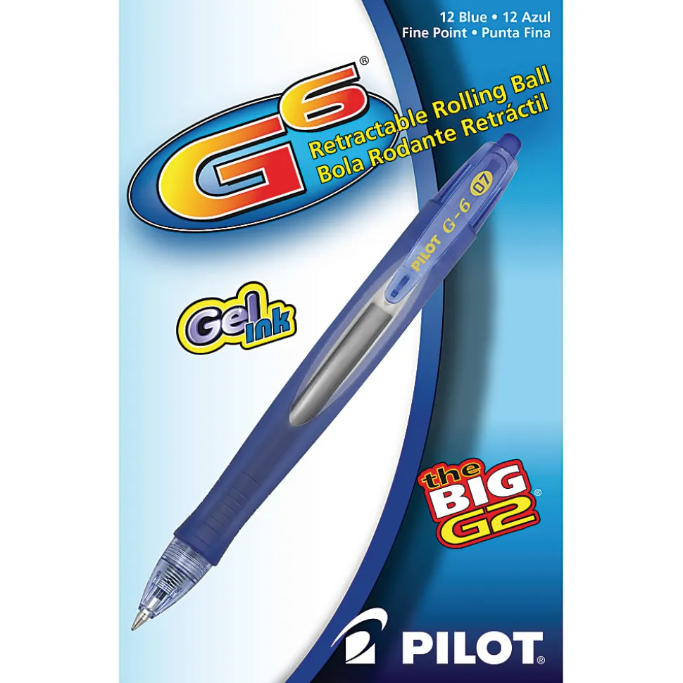 Pilot® G-6 Retractable Gel Ink Rollerball Pens, Fine Point, 0.7 mm, Blue Barrel, Blue Ink, Pack Of 12