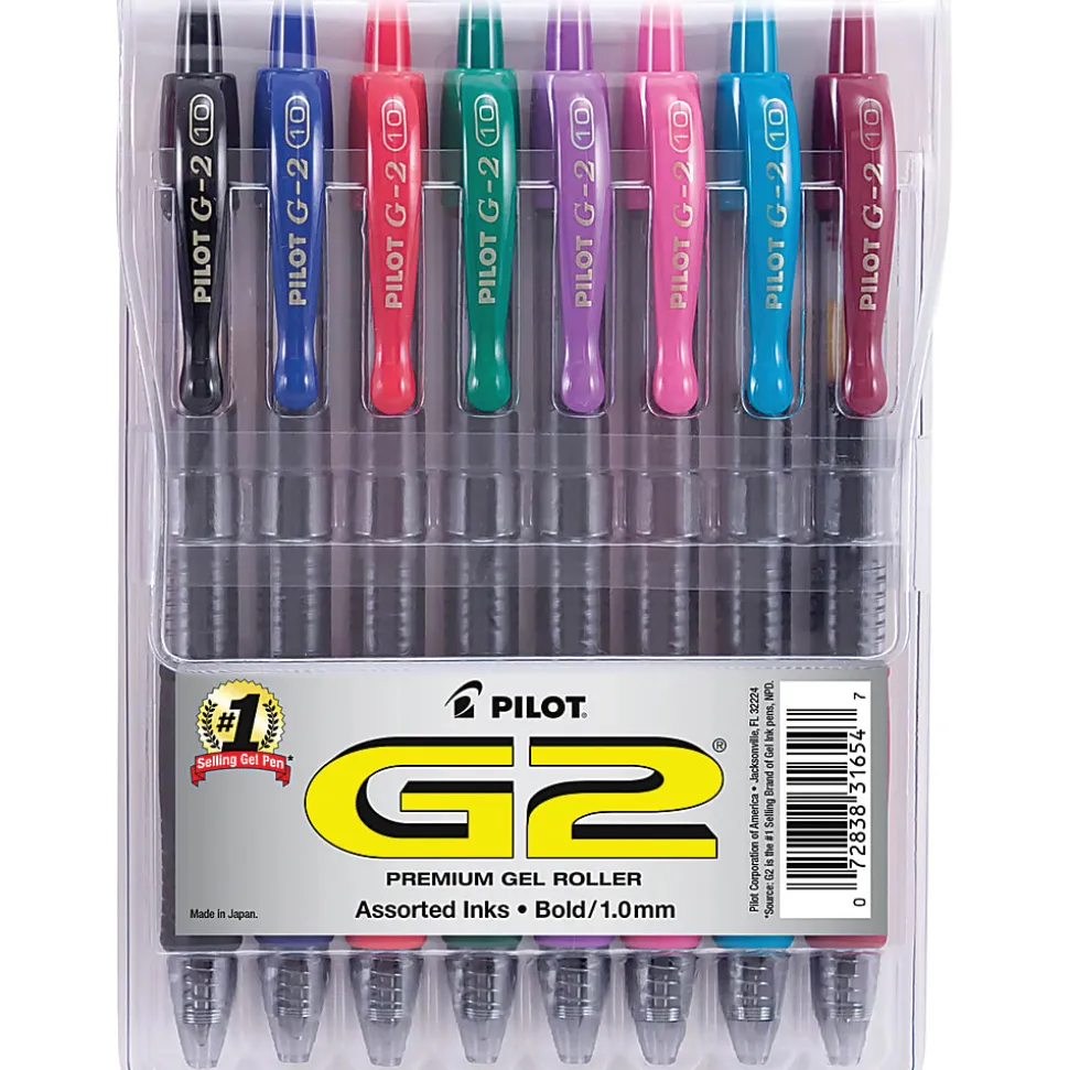 Pilot G2 Retractable Gel Pen, Bold Point, 1.0 mm, Assorted Barrels, Assorted Ink Colors, Pack Of 8