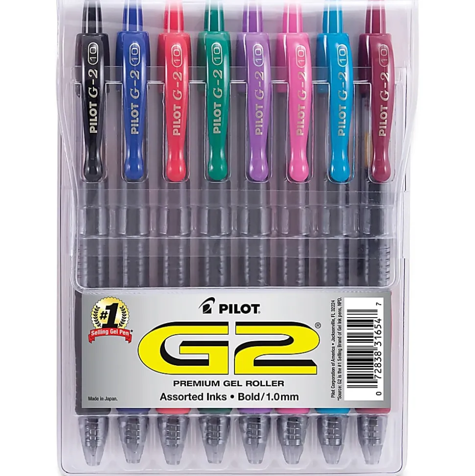 Pilot G2 Retractable Gel Pen, Bold Point, 1.0 mm, Assorted Barrels, Assorted Ink Colors, Pack Of 8