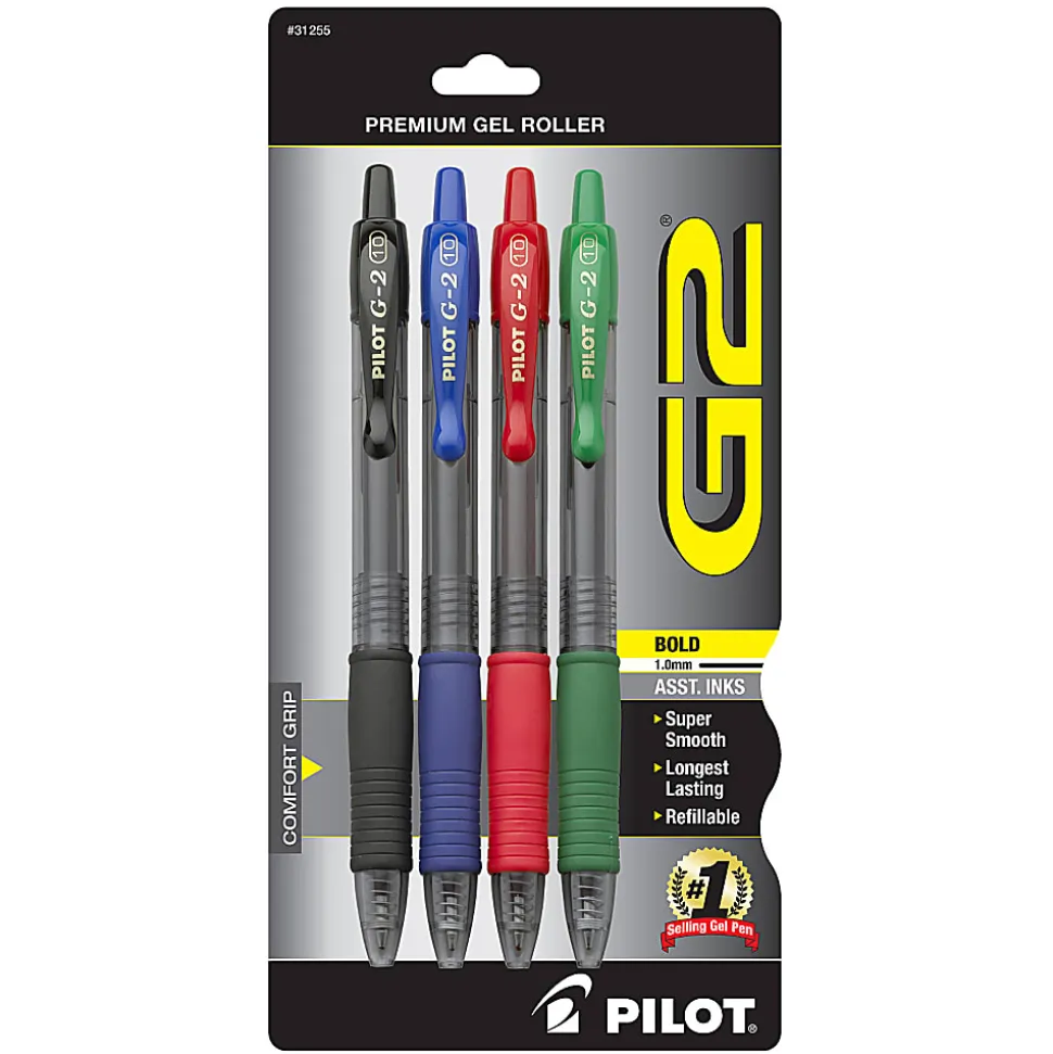 Pilot G2 Retractable Gel Pens, Bold Point, 1.0 mm, Assorted Barrels, Assorted Ink Colors, Pack Of 4