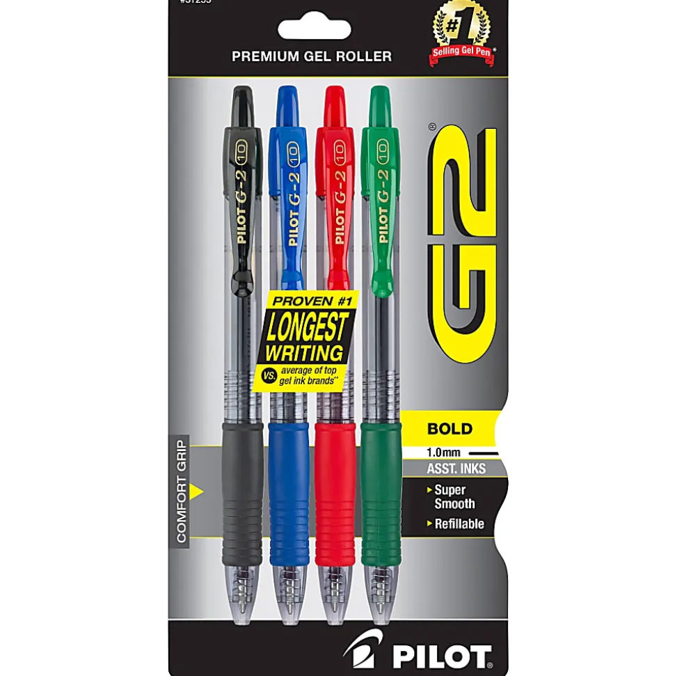 Pilot G2 Retractable Gel Pens, Bold Point, 1.0 mm, Assorted Barrels, Assorted Ink Colors, Pack Of 4