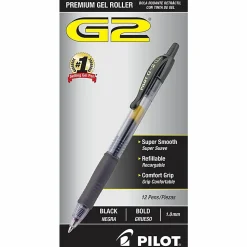 Pilot G2 Retractable Gel Pens, Bold Point, 1.0 mm, Clear Barrels, Black Ink, Pack Of 12 Pens