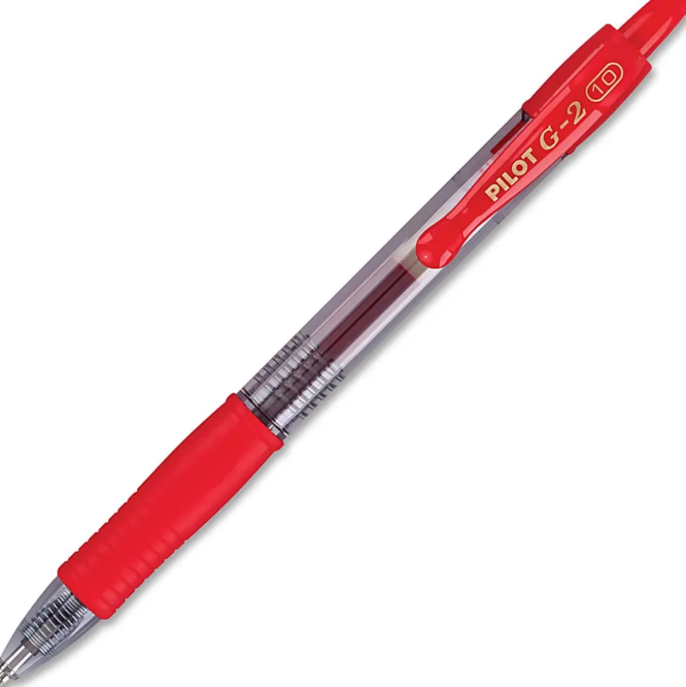 Pilot G2 Retractable Gel Pens, Bold Point, 1.0 mm, Clear Barrels, Red Ink, Pack Of 12