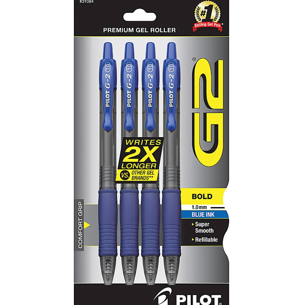 Pilot G2 Retractable Gel Pens, Bold Point, 1.0 mm, Clear Barrels, Blue Ink, Pack Of 4