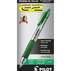 Pilot® G-2® Retractable Gel Pens, Extra Fine Point, 0.5 mm, Clear Barrels, Green Ink, Pack Of 12