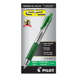 Pilot® G-2® Retractable Gel Pens, Extra Fine Point, 0.5 mm, Clear Barrels, Green Ink, Pack Of 12