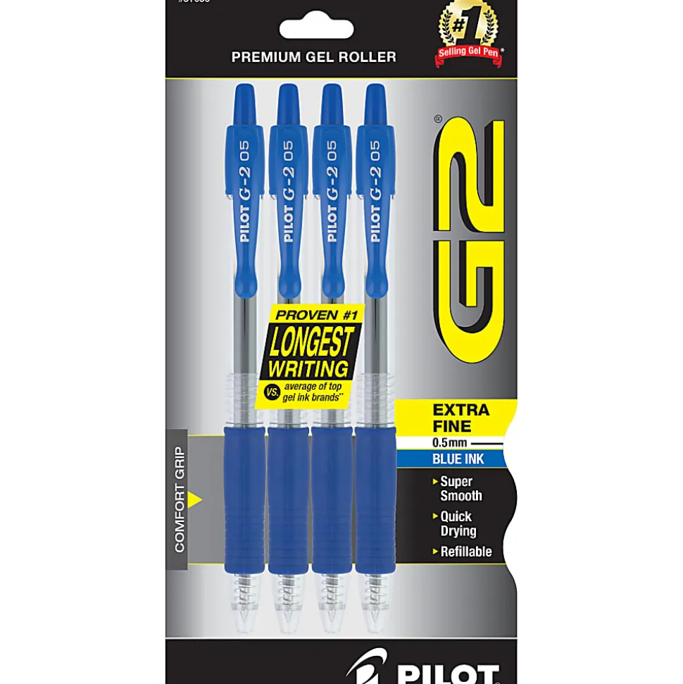 Pilot G2 Retractable Gel Pens, Extra Fine Point, 0.5 mm, Clear Barrels, Blue Ink, Pack Of 4