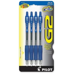 Pilot G2 Retractable Gel Pens, Extra Fine Point, 0.5 mm, Clear Barrels, Blue Ink, Pack Of 4
