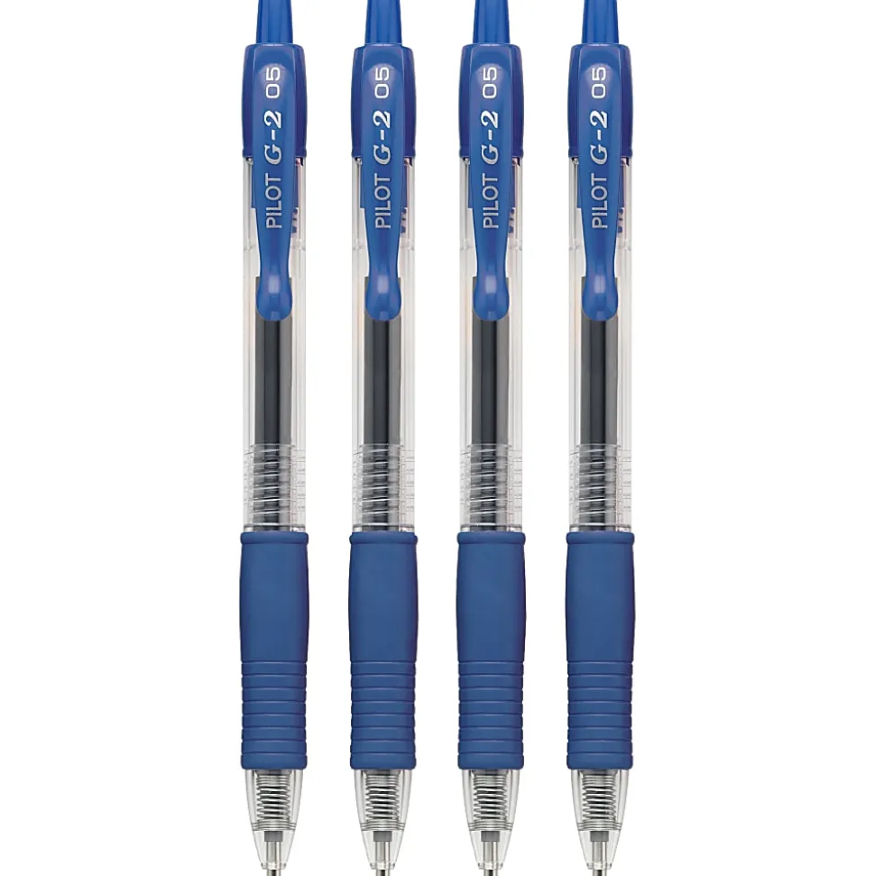 Pilot G2 Retractable Gel Pens, Extra Fine Point, 0.5 mm, Clear Barrels, Blue Ink, Pack Of 4