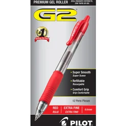 Pilot G2 Retractable Gel Pens, Extra Fine Point, 0.5 mm, Clear Barrels, Red Ink, Pack Of 12