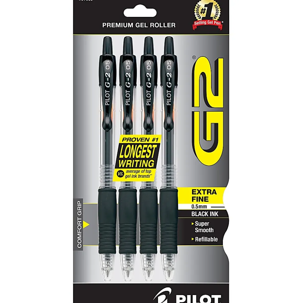 Pilot G2 Retractable Gel Pens, Extra Fine Point, 0.5 mm, Black Barrels, Black Ink, Pack Of 4