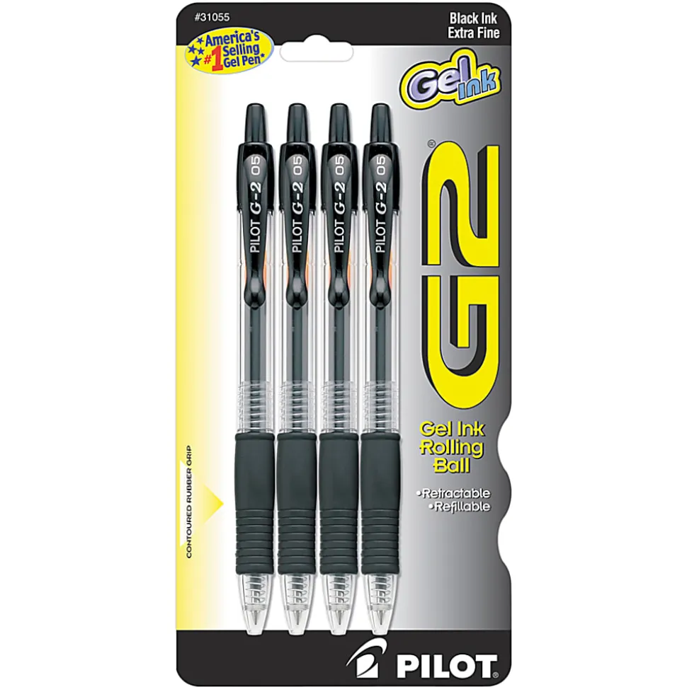Pilot G2 Retractable Gel Pens, Extra Fine Point, 0.5 mm, Black Barrels, Black Ink, Pack Of 4
