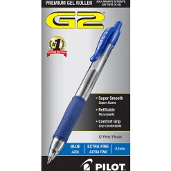 Pilot G2 Retractable Gel Pens, Extra Fine Point, 0.5 mm, Clear Barrels, Blue Ink, Pack Of 12