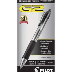Pilot G2 Retractable Gel Pens, Extra Fine Point, 0.5 mm, Clear Barrels, Black Ink, Pack Of 12