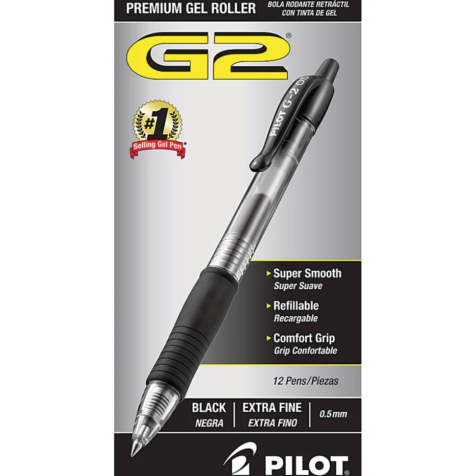Pilot G2 Retractable Gel Pens, Extra Fine Point, 0.5 mm, Clear Barrels, Black Ink, Pack Of 12
