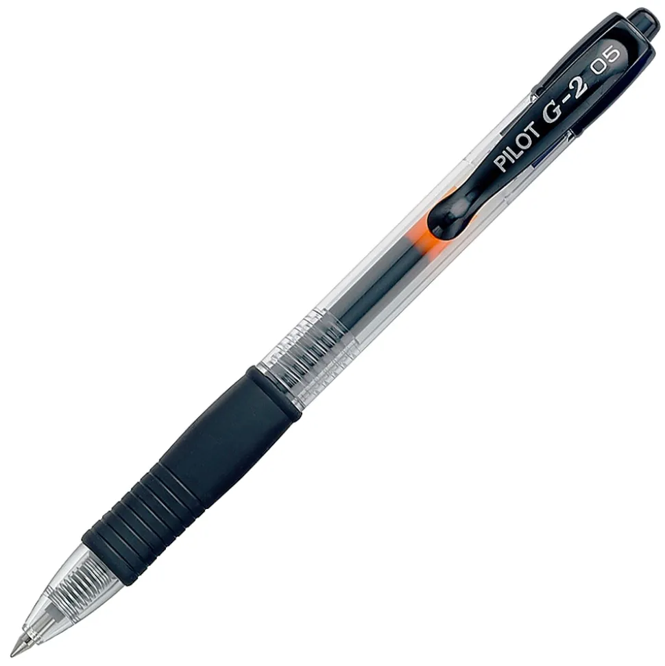 Pilot G2 Retractable Gel Pens, Extra Fine Point, 0.5 mm, Clear Barrels, Black Ink, Pack Of 12