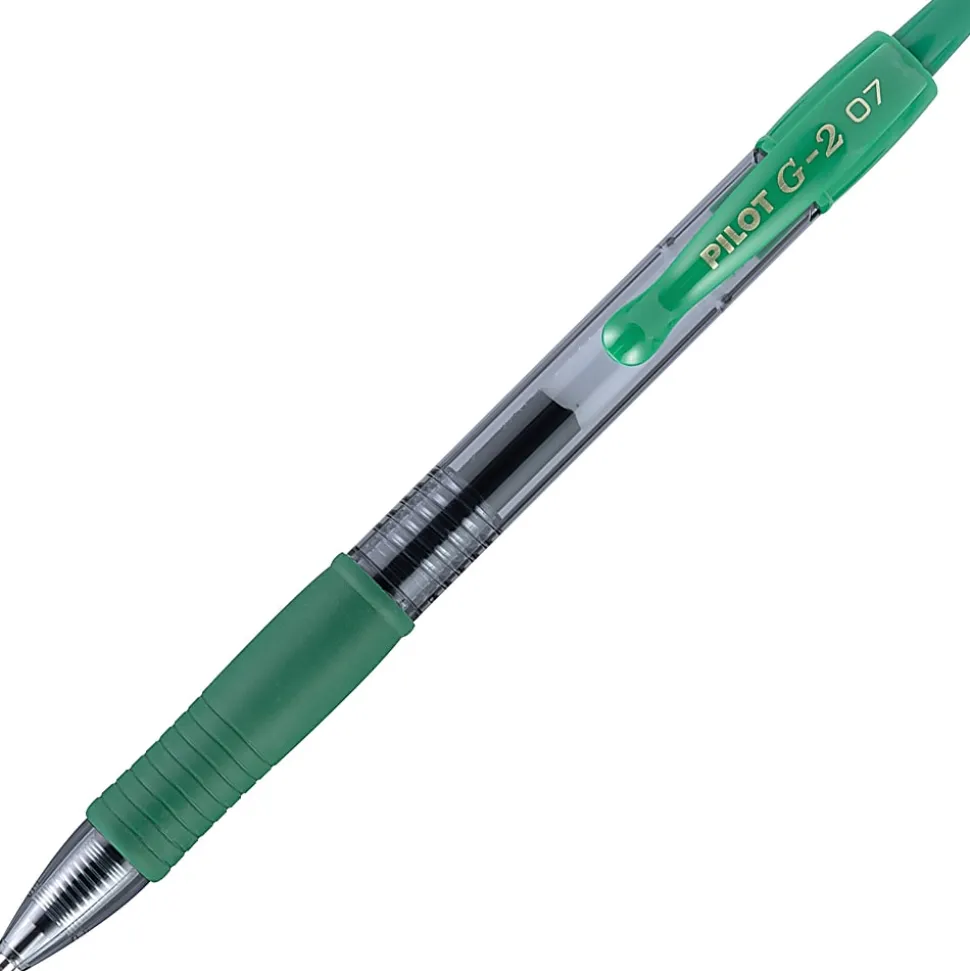 Pilot G2 Retractable Gel Pens, Fine Point, 0.7 mm, Clear Barrels, Green Ink, Pack Of 12 Pens