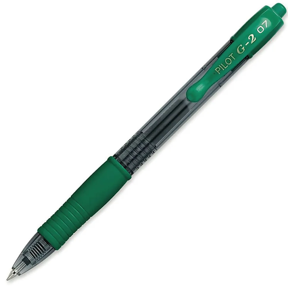 Pilot G2 Retractable Gel Pens, Fine Point, 0.7 mm, Clear Barrels, Green Ink, Pack Of 12 Pens