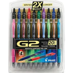 Pilot G2 Retractable Gel Pens, Fine Point, 0.7 mm, Clear Barrel, Assorted Ink Colors, Pack Of 20