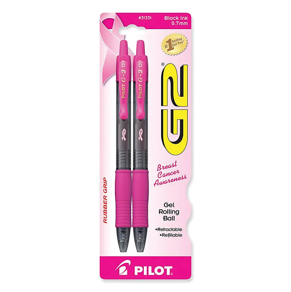 Pilot G2 Retractable Gel Pens, Fine Point, 0.7 mm, Pink Barrel, Black Ink, Pack Of 2 Pens