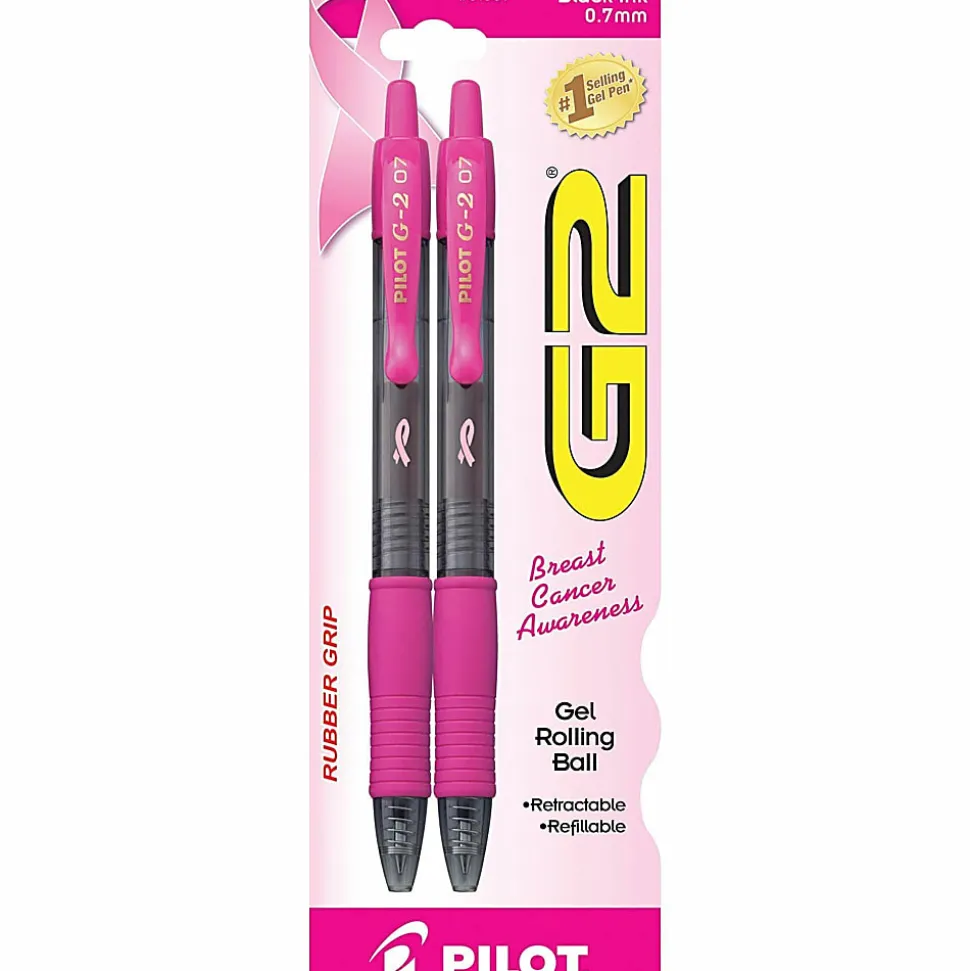 Pilot G2 Retractable Gel Pens, Fine Point, 0.7 mm, Pink Barrel, Black Ink, Pack Of 2 Pens