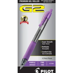 Pilot G2 Retractable Gel Pens, Fine Point, 0.7 mm, Clear Barrels, Purple Ink, Pack Of 12